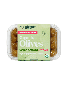 Big Picture Foods Pitted Organic Green Amfissa Olives, Refrigerated Fresh, Tray 8/8 OZ 
